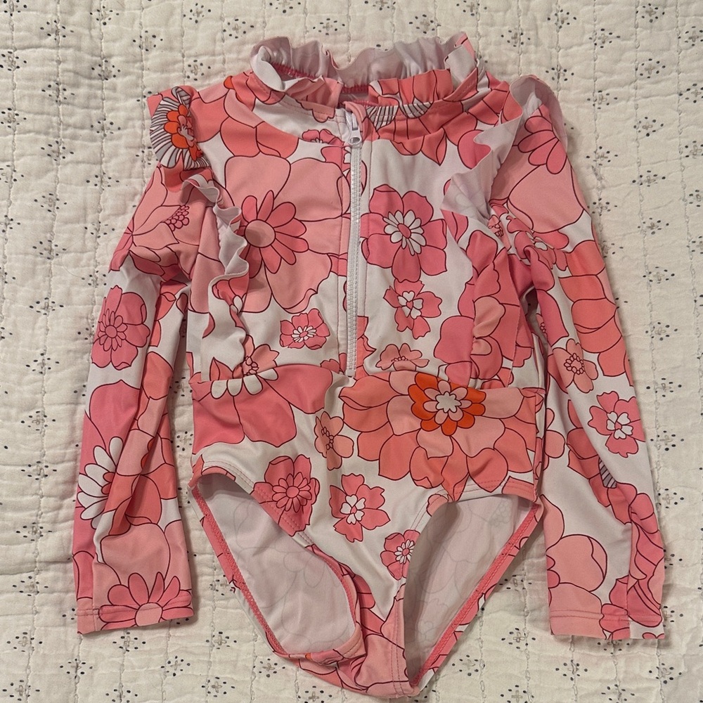 Kids Pink Floral Long-Sleeve One-Piece Swimsuit